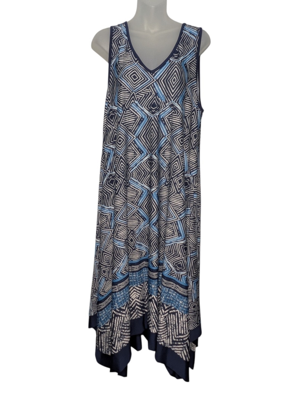 new directions XL Navy Light Blue Asymmetrical Geometric Print Knit Maxi Dress